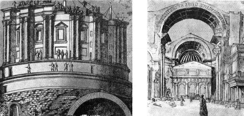 Работы на строительстве барабана купола собора св. Петра в Риме; справа — строительство собора св. Петра по рисунку художника Хеемскерка, 1532 г.