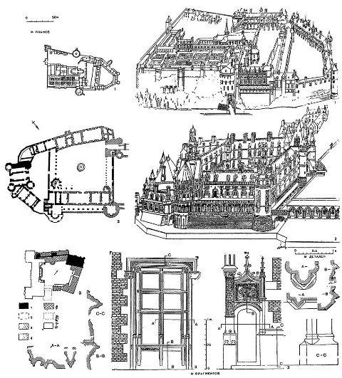 1 — Амбуаз, Замок-дворец, 1492—1498 гг.; 2 — Нормандия. Гайон. Замок-дворец, 1501—1510 гг.; 3 — Блуа, Дворец Людовика XII, начат в 1498 г.