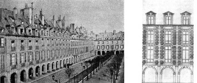 Париж. Королевская площадь (площадь Вогезов) и фрагмент фасада, начало XVII в., Шатильон и др.